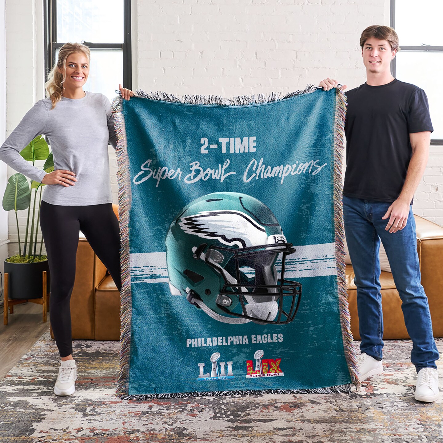 NFL Philadelphia Eagles 2025 Super Bowl LIX Multi Champ Powerhouse Woven Tapestry Throw Blanket 48X60 Inches