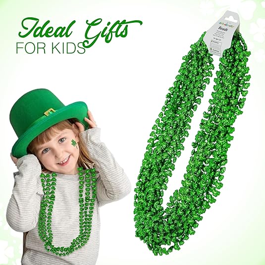 4E&#x27;s Novelty St Patricks Day Beads Necklace Bulk (12 Pack) Shamrock Clover Green Beads - St. Patrick&#x27;s Day Gifts for Kids, Kids Party Favor Supplies Costume Accessories