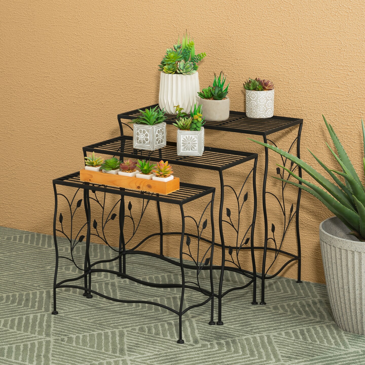 Set of 3 Rectangular Nesting Black Metal Plant Stand