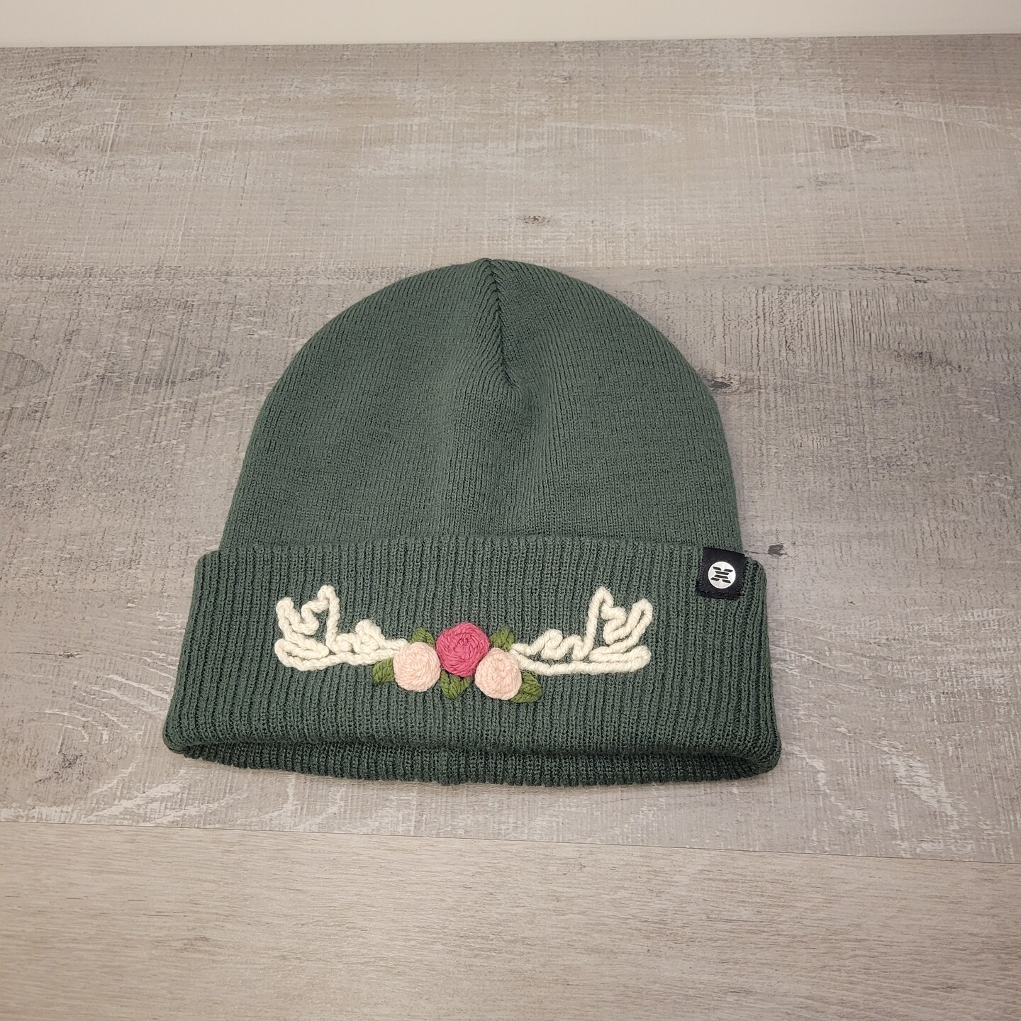Floral Antler Embroidered Beanie Rustic Winter Hat Rose And Horns