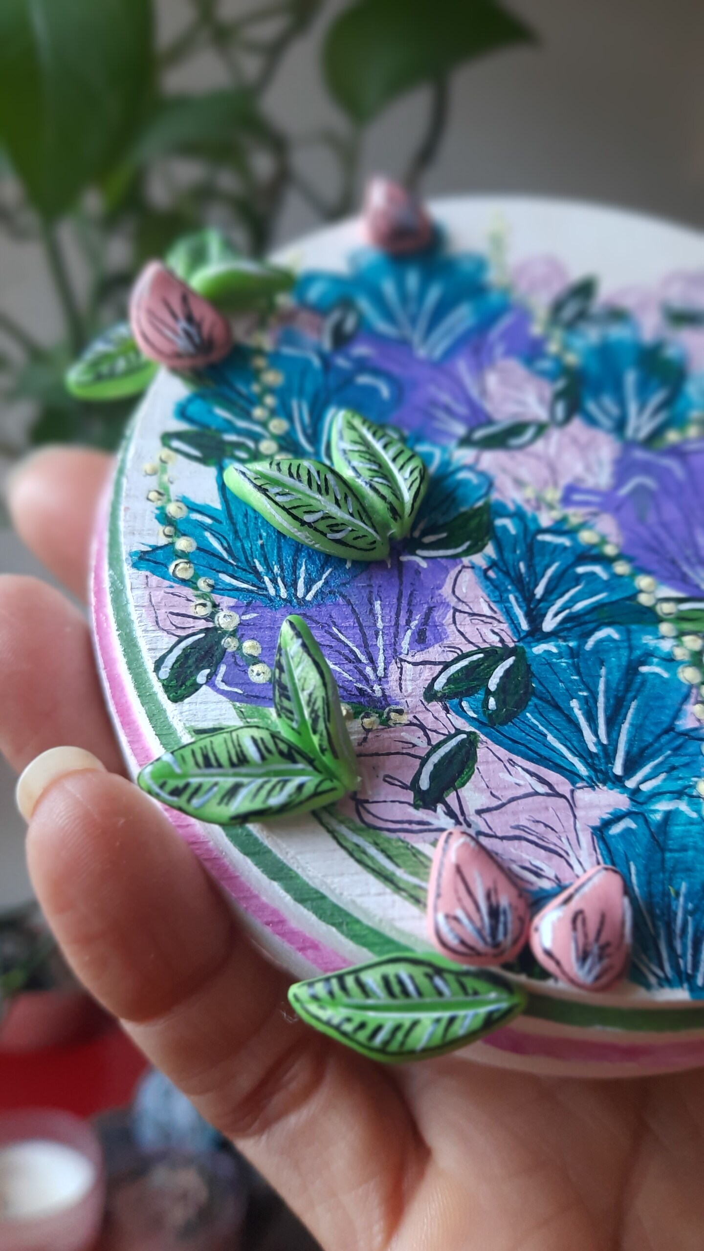 Hand-Painted Floral Wooden Plaque with Polymer Clay Accents
