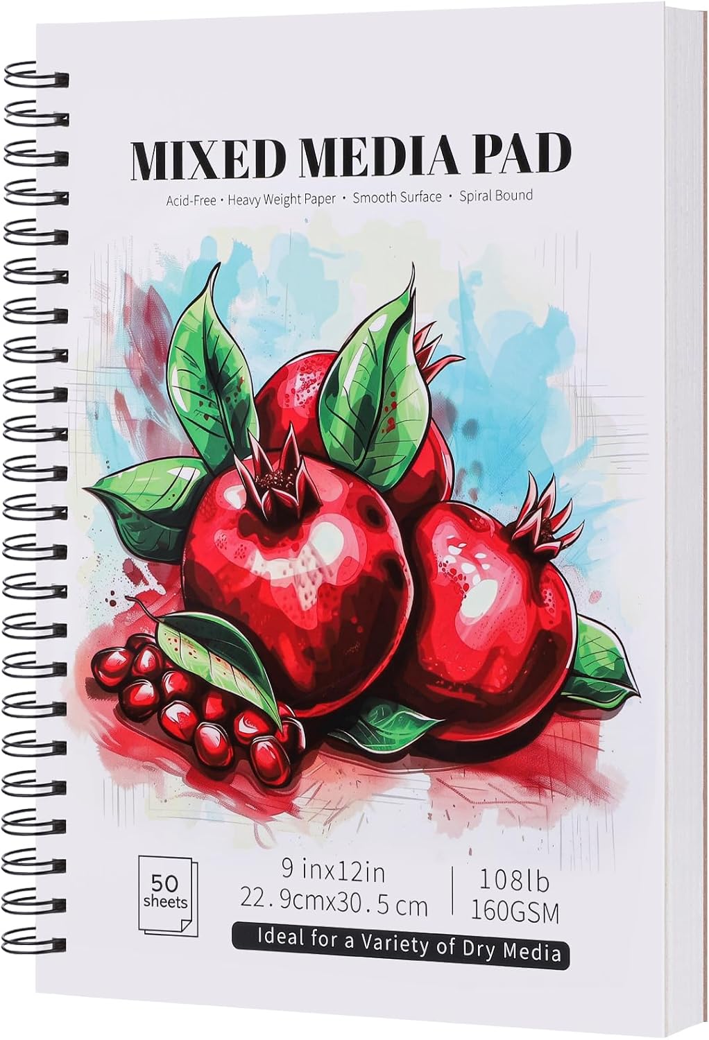 Mixed Media Sketchbook, 9x12 inch Drawing Paper Sketch Book, 108lb/160gsm Heavyweight Spiral Bound Sketch Pads, Suitable for Dry Media, Drawing, Painting, Sketching(50 Sheets)