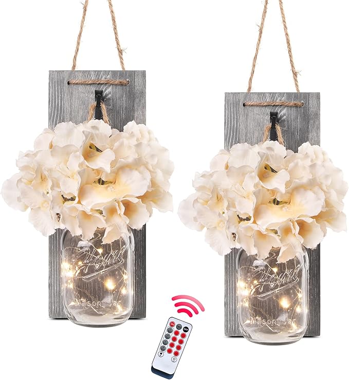 Rustic Wooden Wall Hanging Decor with LED String Lights for Modern Living Room and Bedroom, Inspirational Country Style Vintage Wall Decoration Art, 6 Hour Timer Set of 2 Grey