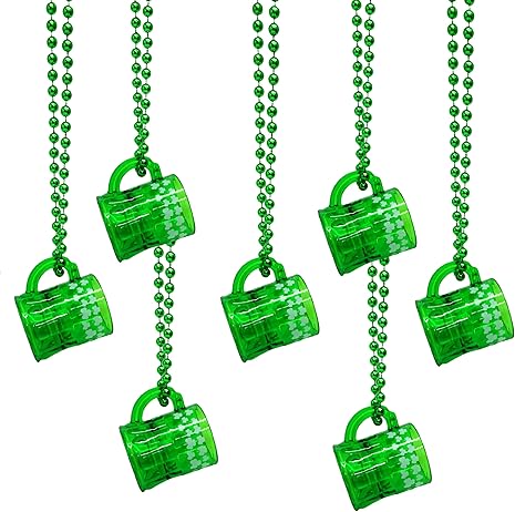 4E&#x27;s Novelty St Patricks Day Beads Necklace With Shot Glasses Beer Mug Pack of 12 &#x2013; Green Irish Gifts Party Favors Supplies, Costume Accessories (Transparent Green With Shamrock)