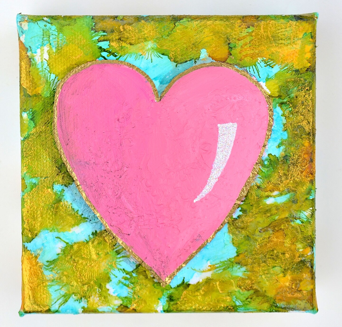Abstract Rose Pink Heart Painting – 4x4 Inch Acrylic Canvas, Handmade Shelf Decor