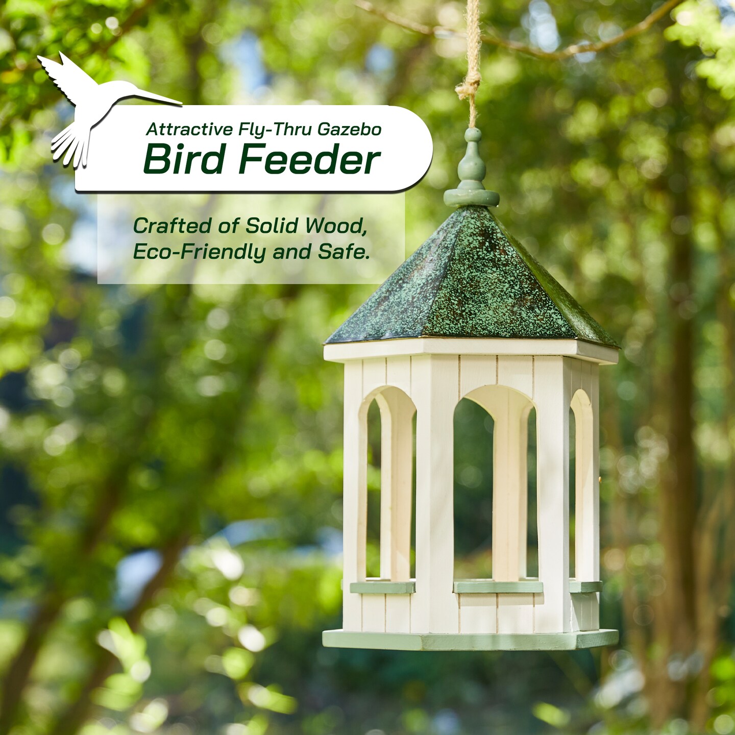 15.75&#x22;H Patina Metal Roof Solid Wood Gazebo Tray Bird Feeder
