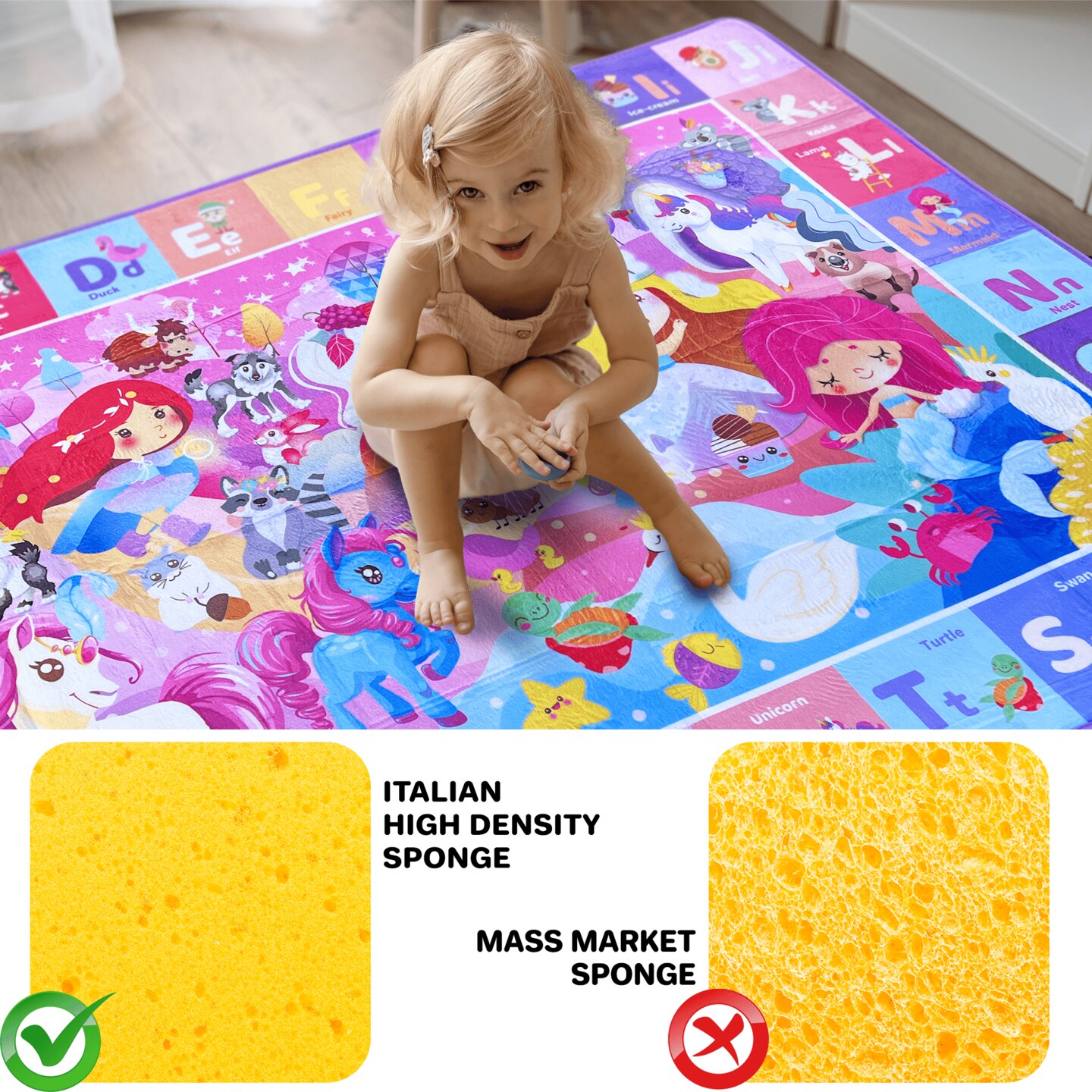 QUOKKA Large Baby Mat for Floor - Plush ABC Rug Toddlers Infants - Extra Thick Large Padded Non-Slip Nursery Rug for Babies Crawling and Playing - Foldable Care Mat for Girls and Boys Playroom