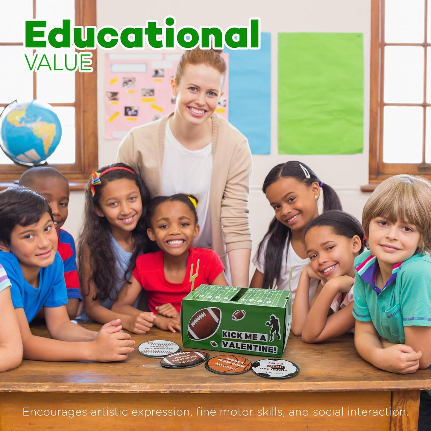 4E's Novelty DIY Football Valentine Mailbox Kit with 36 Sport Valentine Cards for Kids, Valentines Mailbox Kit for Boys & Girls, Classroom Mailbox & School Party