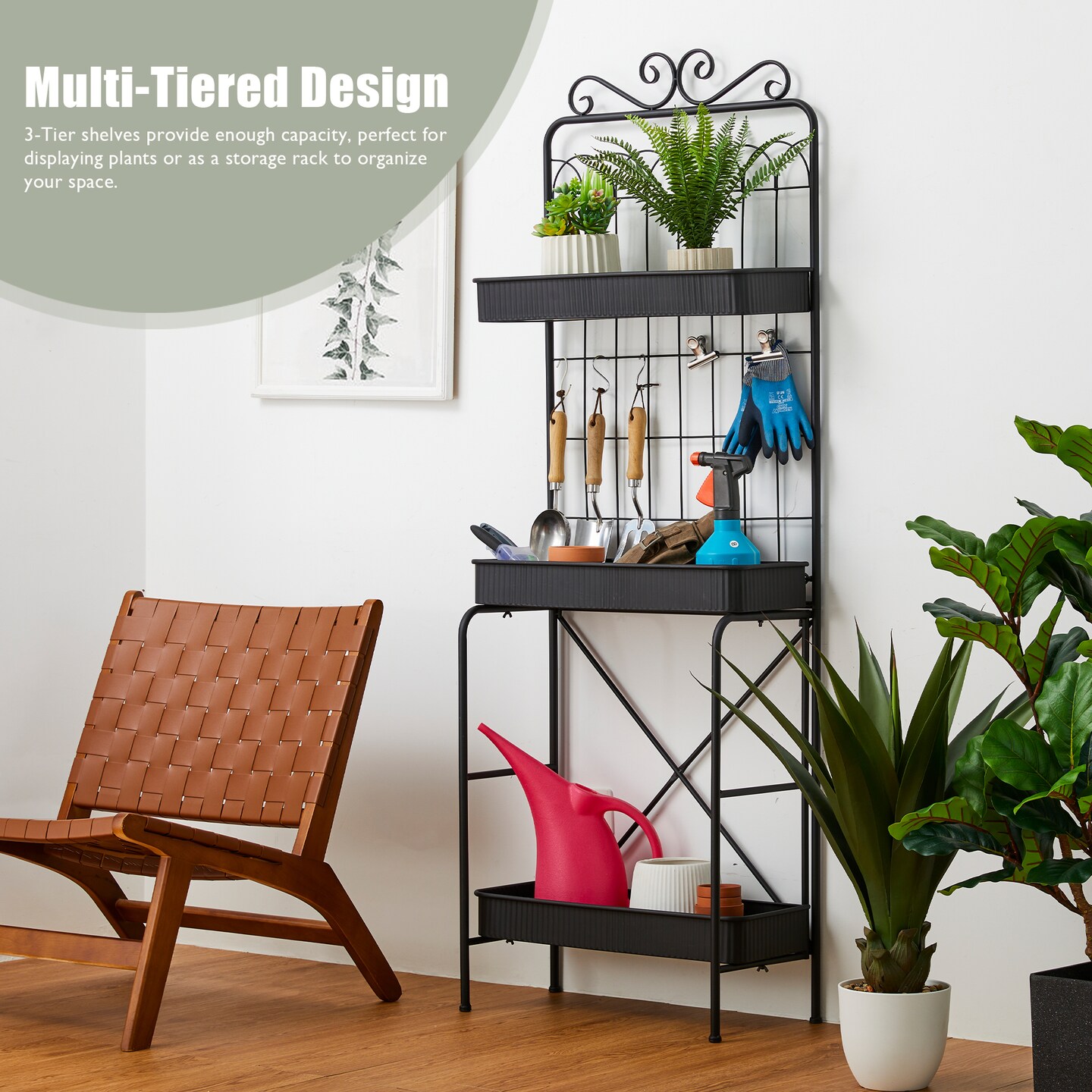 68&#x22;H Rectangular 3-Tiered Black Metal Plant Stand