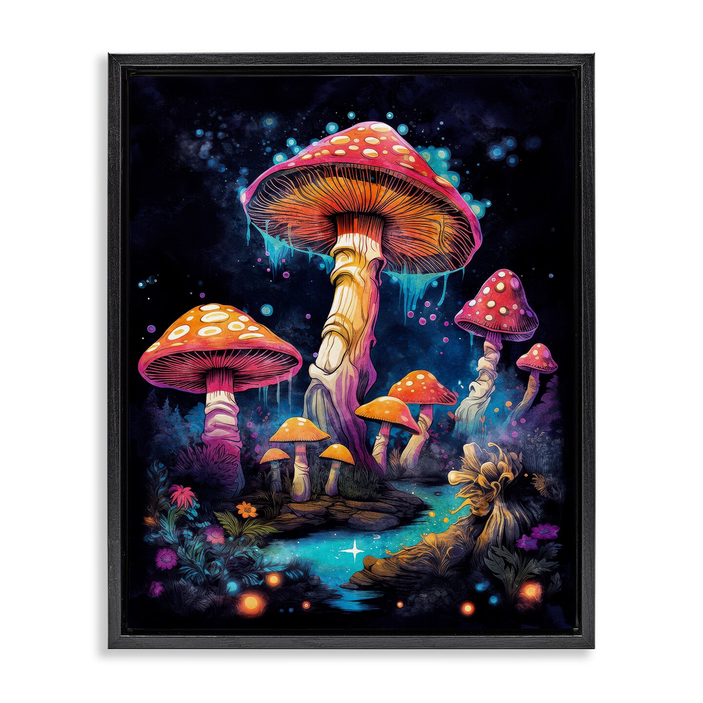 Stupell Industries Psychedelic Mushroom Scene Framed Floater Canvas Wall Art Design by Nina Blue