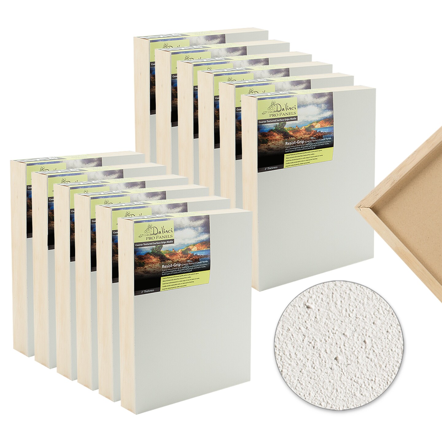 Da Vinci Pro Resist-Grip Coarse Textured Gesso Board, 2" Depth Multipack Art Boards for Painting, White Acrylic Polymer with Quartz Sand, Warp-Resistant Cradled and Sealed MDF Panel