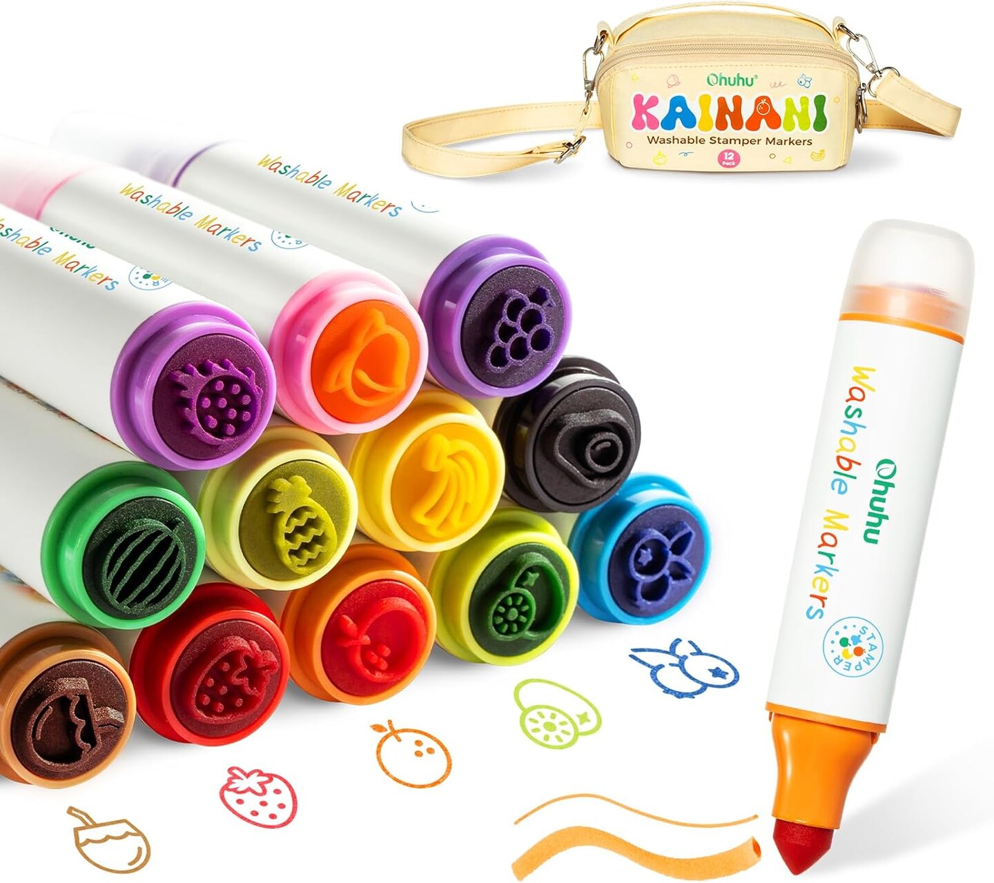 Ohuhu Stamper Washable Markers for Kids 12 Colors Water-based Dual Tips Stamp &#x26; Broad Line Tip Kids Markers Coloring Markers for Kids Preschool Classroom Supplies Age 3+