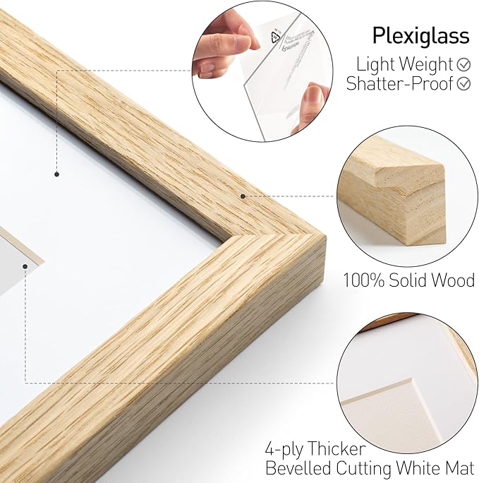 12x16 Oak Picture Frame with Mat for 8.5x11, Natural Solid Oak Wood 12x16 Frame for Wall, Lightweight, Wall Mount (Single, Oak)