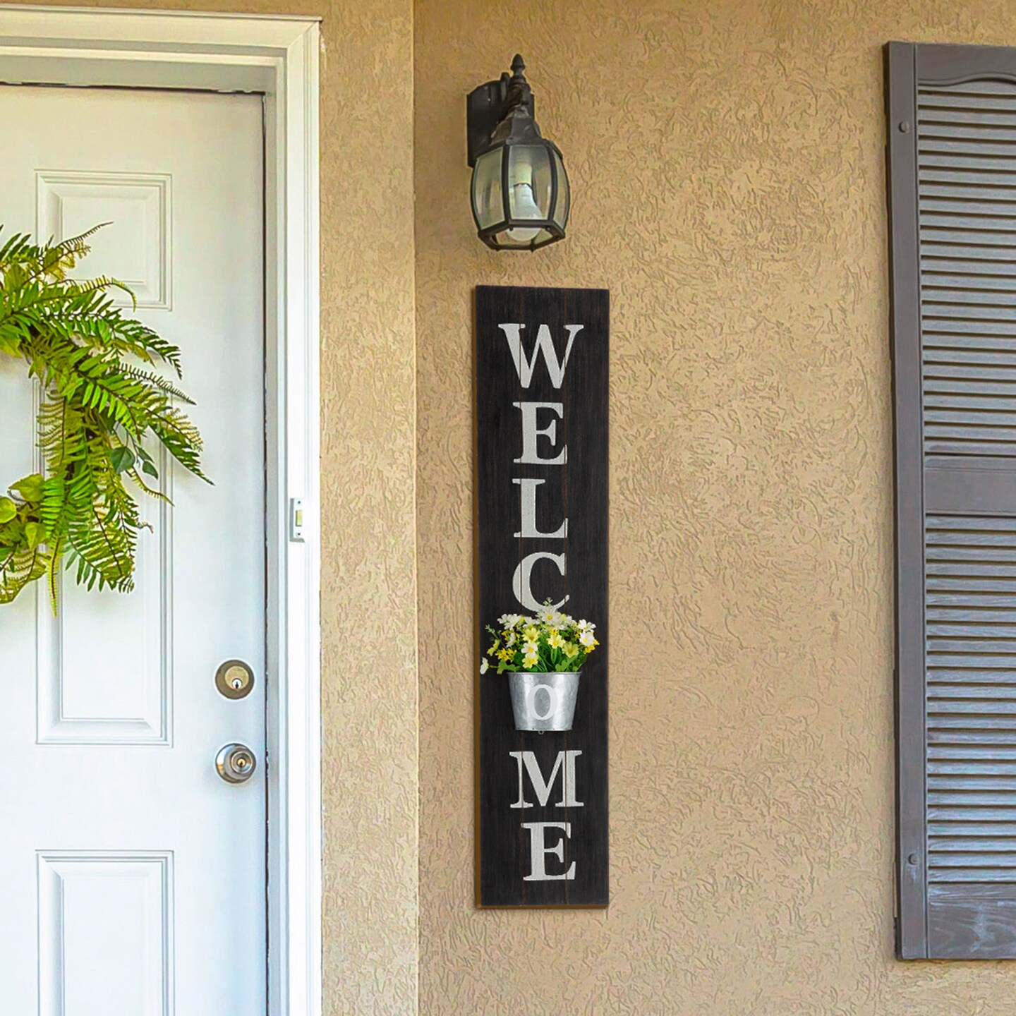 42&#x22;H Wooden WELCOME Porch Sign with Metal Planter