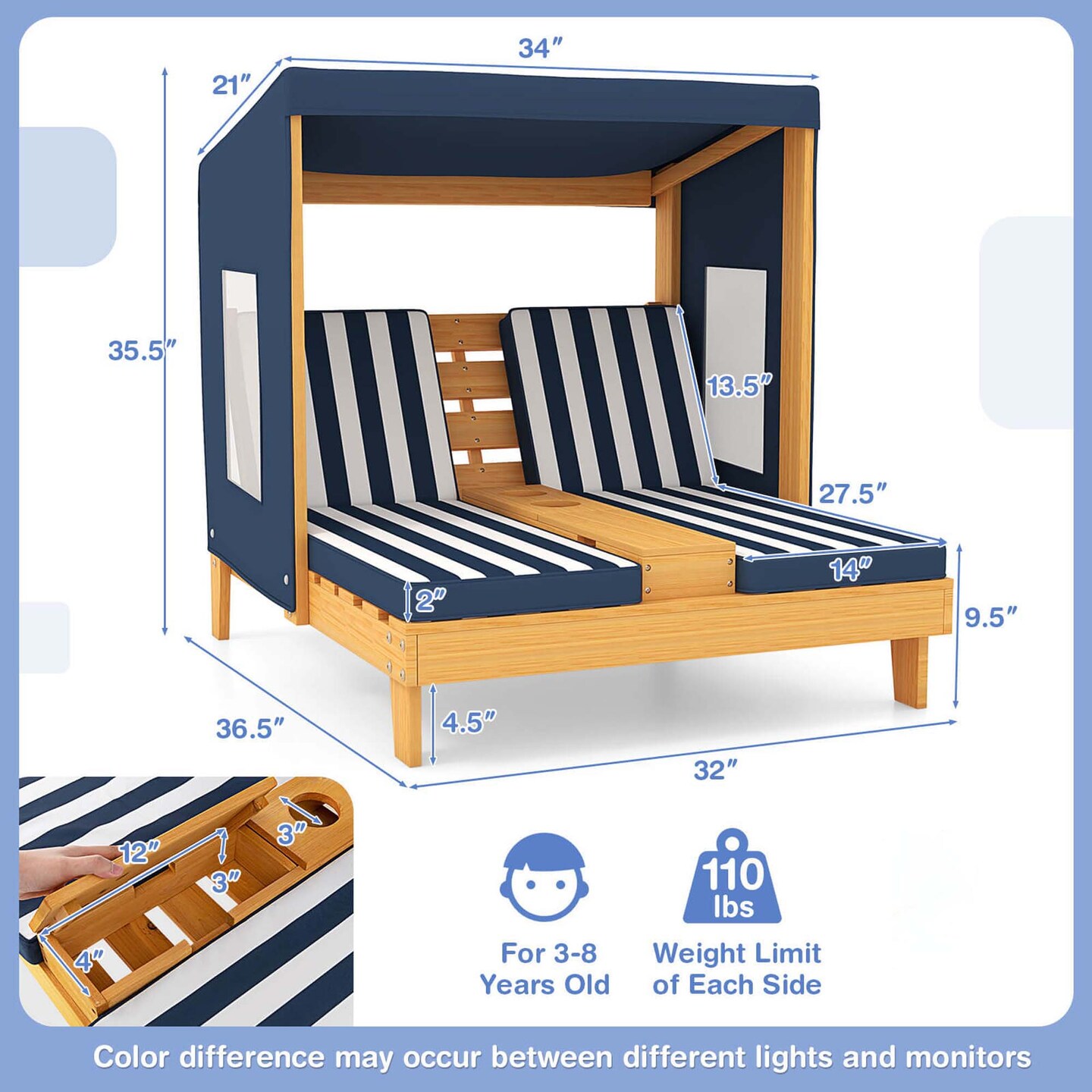 Costway Kids Double Chaise Lounge Patio Lounge Chair with Cup Holders & Awning Blue/Colorful/Brown