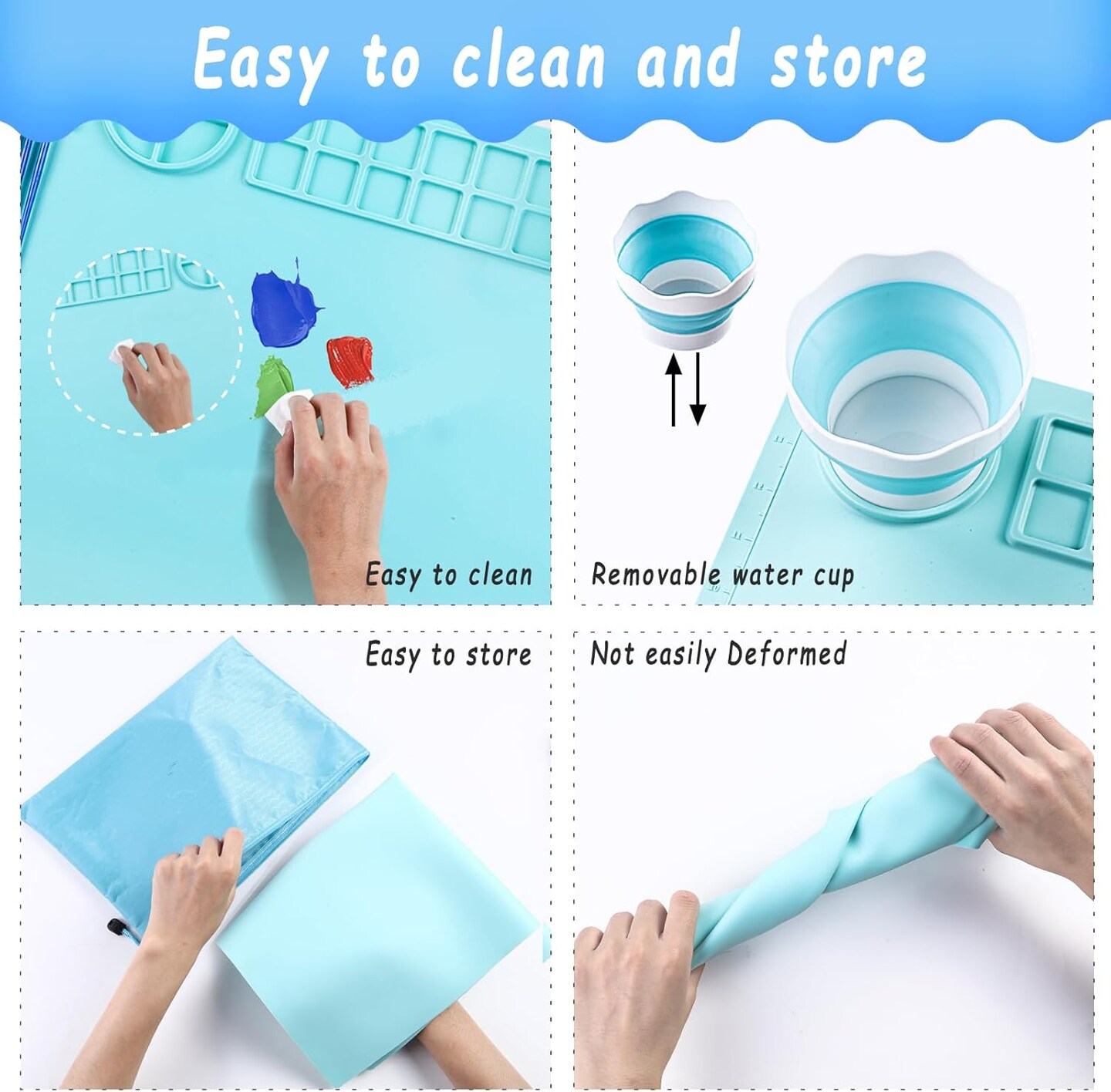 Silicone Craft Mat 20X16 Inch Large Silicone Art mat with Detachable Cup Painting Mat with 10 Painting Brushes Silicone Drawing Mat Sheets for Kids Adult DIY Accessories (Blue)