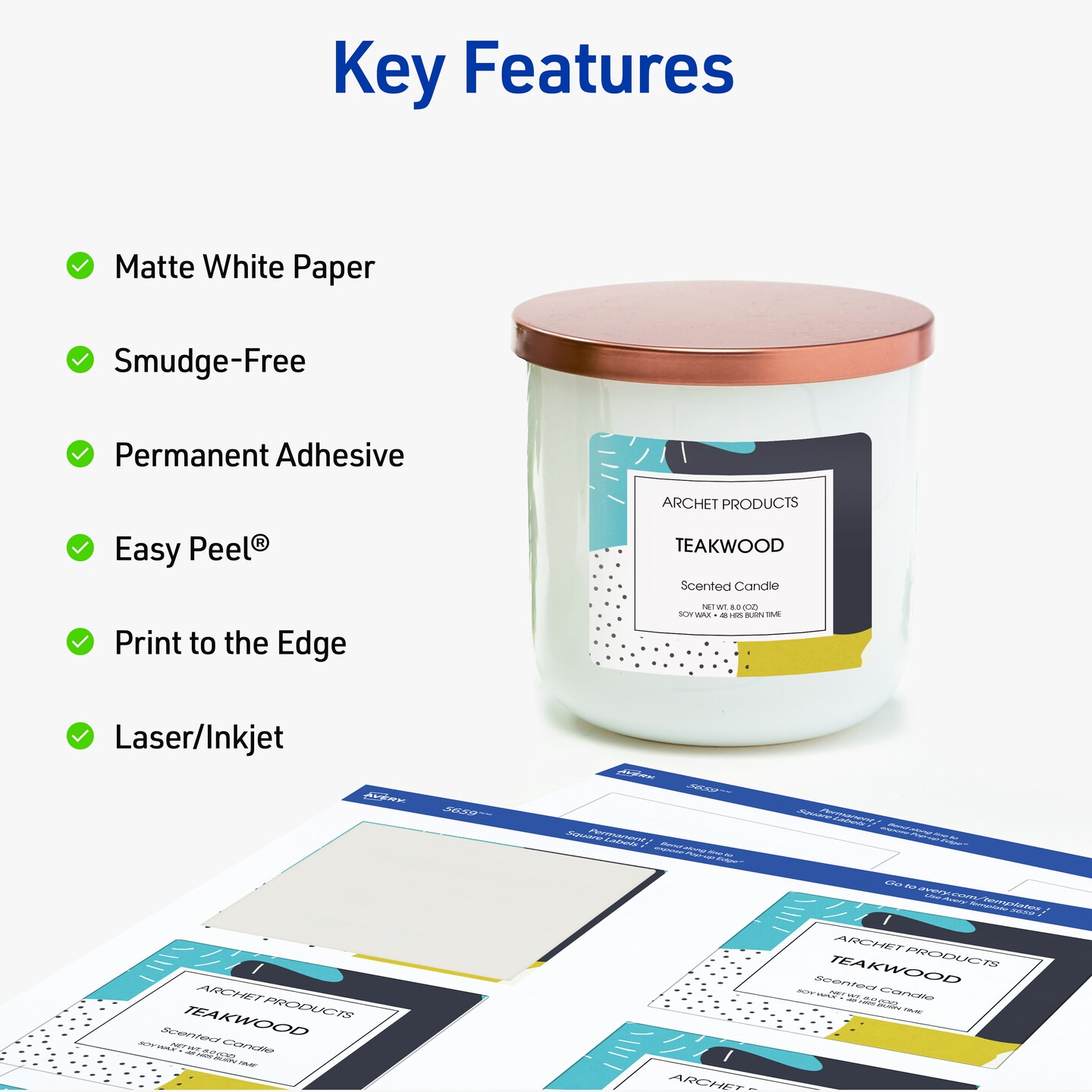 Avery Printable Square Labels with Sure Feed, 3&#x22; x 3&#x22;, Matte White, Permanent Adhesive, Laser &#x26; Inkjet Printers, 150 Blank Labels (5659)