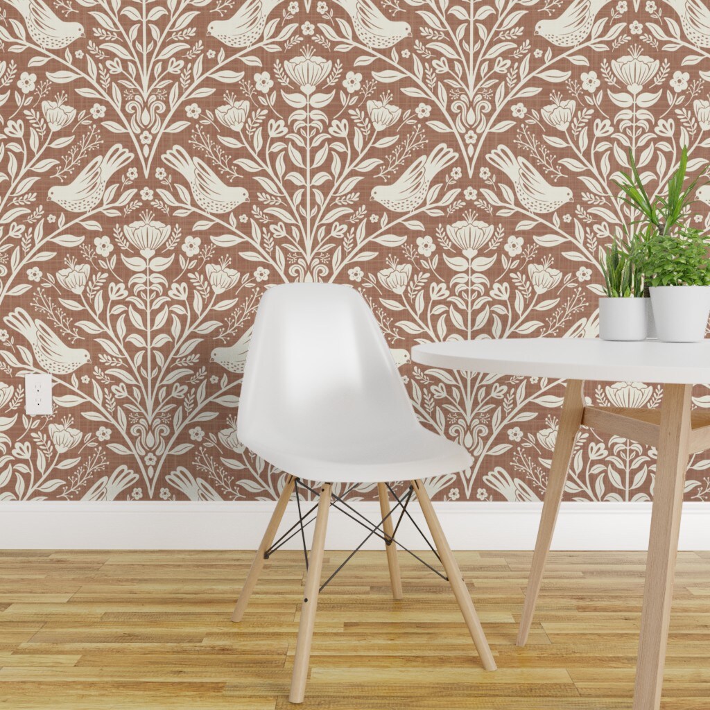 Pre-Pasted Wallpaper 2FT Wide Whimsical Cottagecore Botanical Birds Crosshatch Floral Leaves Foliage Traditional Flowers Garden Brown Neutral Monochromatic Cozy Home Folk Custom Pre-pasted Wallpaper by Spoonflower