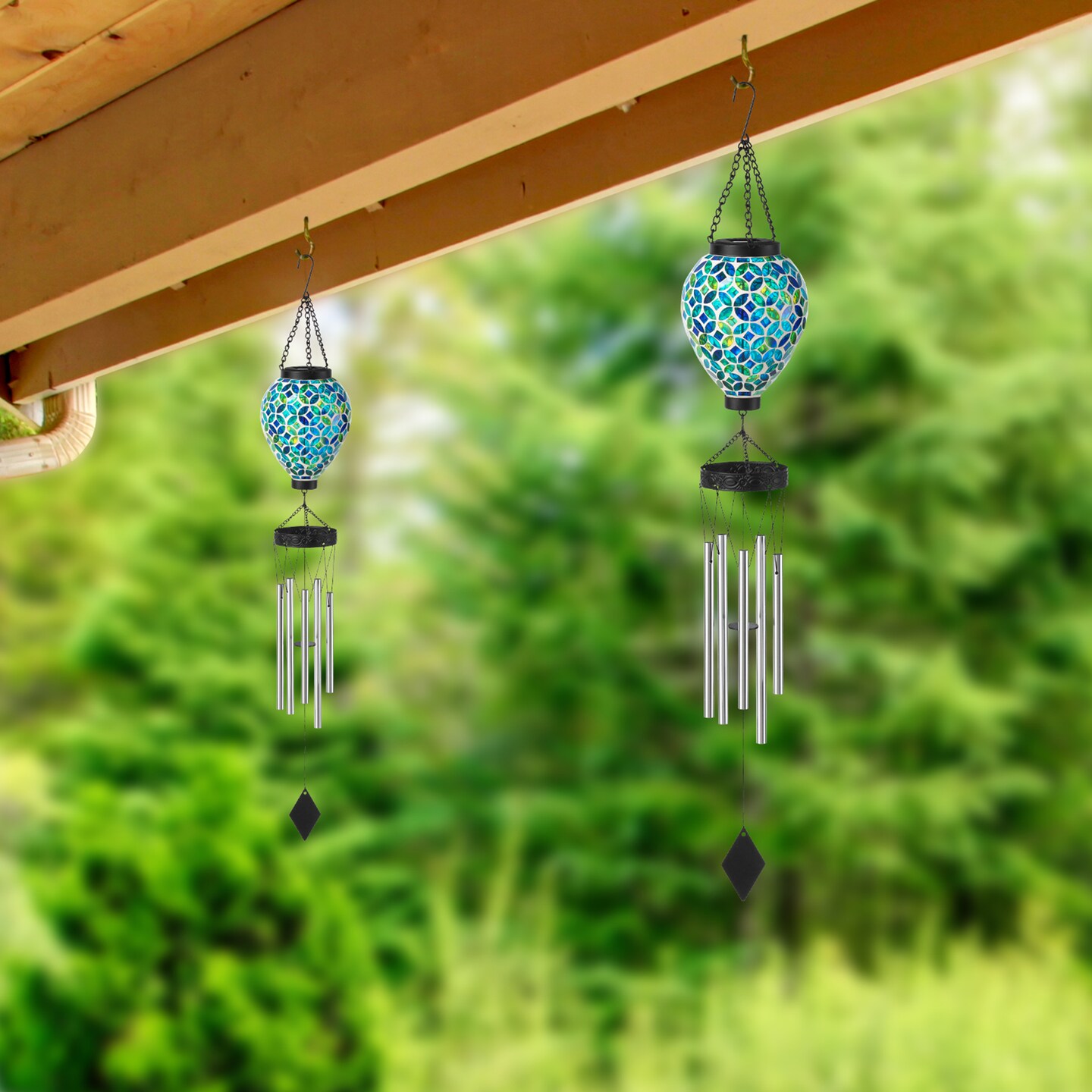 Set of 2 37&#x22;H Solar Lighted Metal and Glass Mosaic Windchime
