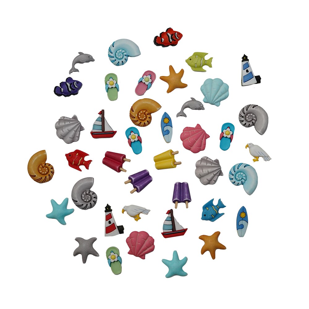 Beach Theme Decorative Buttons, 50-Piece Set, Summer Designs for Sewing, Crafting, Scrapbooking & DIY Projects with Seashells, Flip Flops, Sailboats, 3D Shank Style