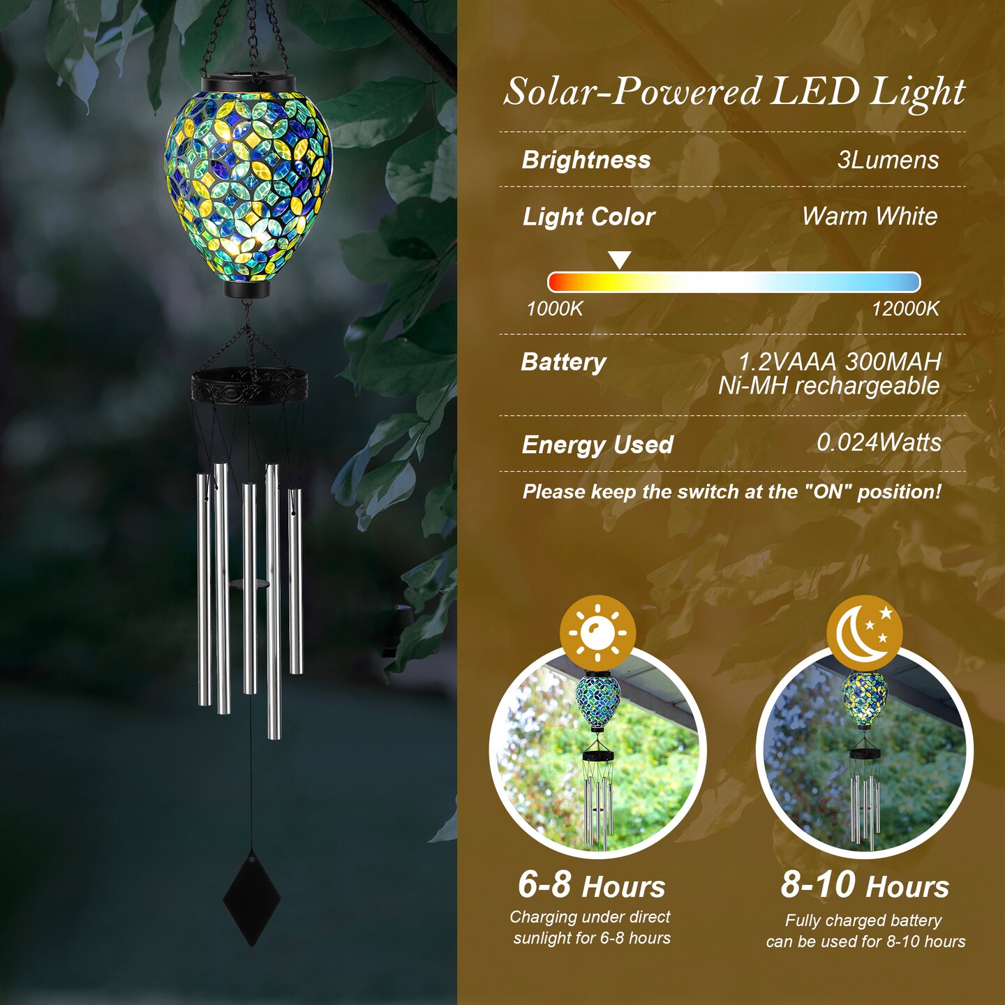 Set of 2 37&#x22;H Solar Lighted Metal and Glass Mosaic Windchime