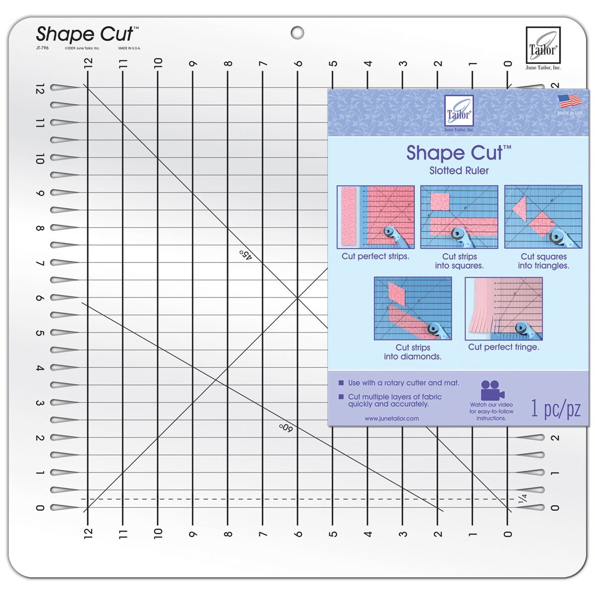 June Tailor Shape Cut™ Ruler 12" x 12" for Fabric Cutting, Strips, Shapes & Fringe