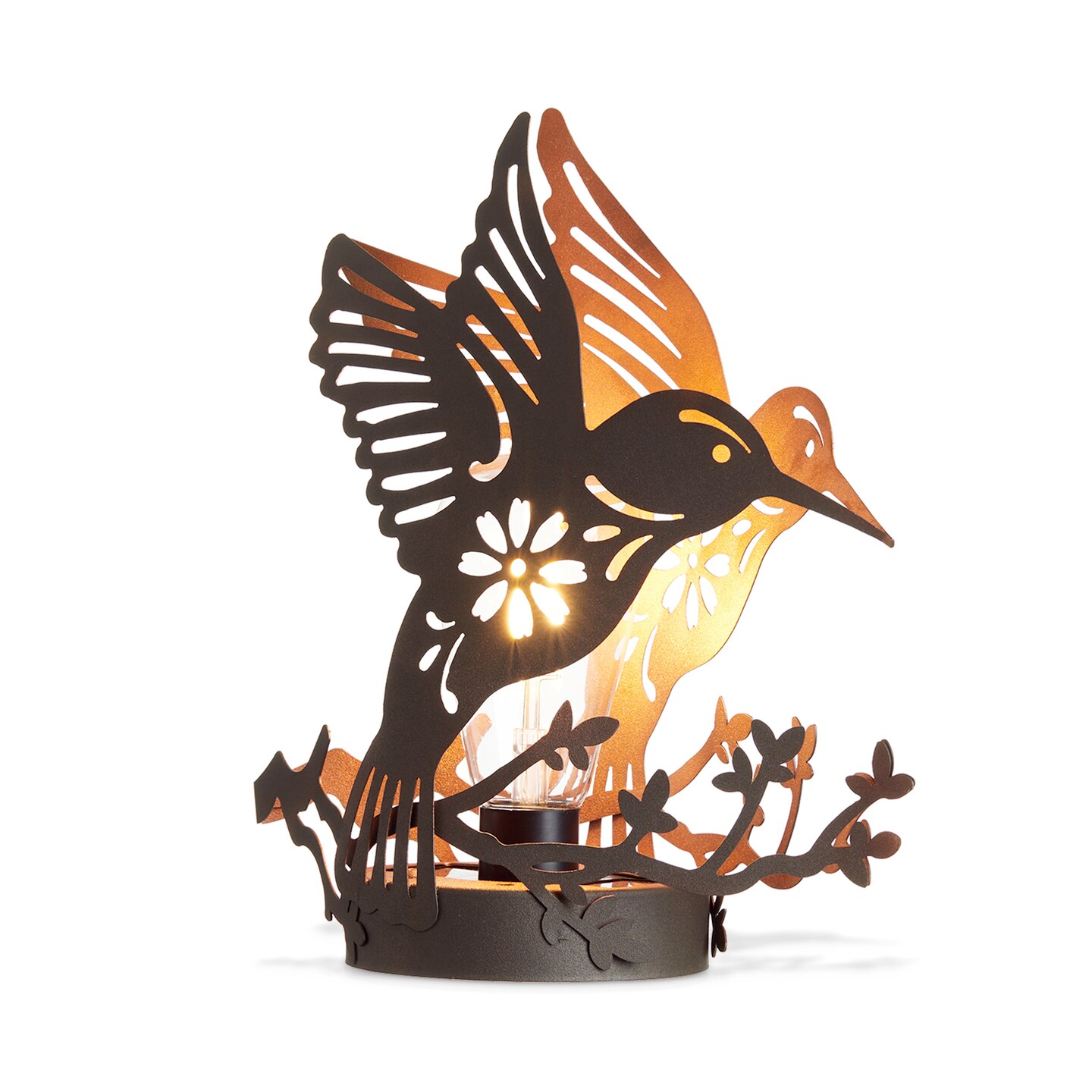 (Set of 2)9.75&#x22;H Black and Gold Metal Cutout Flying Hummingbird Silhouette Solar Powered Edison Bulb Outdoor Lantern