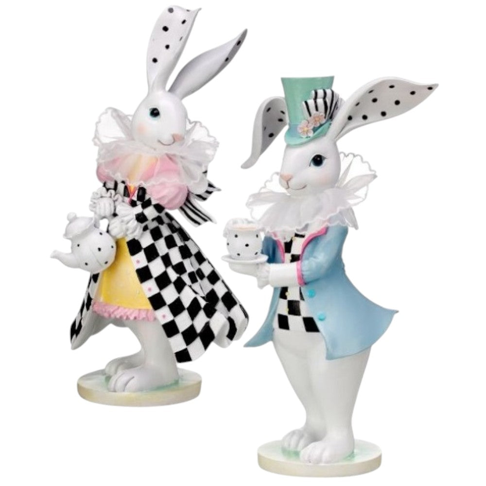12&#x22; Resin &#x26; Fabric Brunch Bunny Set - Whimsical Easter Tea Party D&#xE9;cor