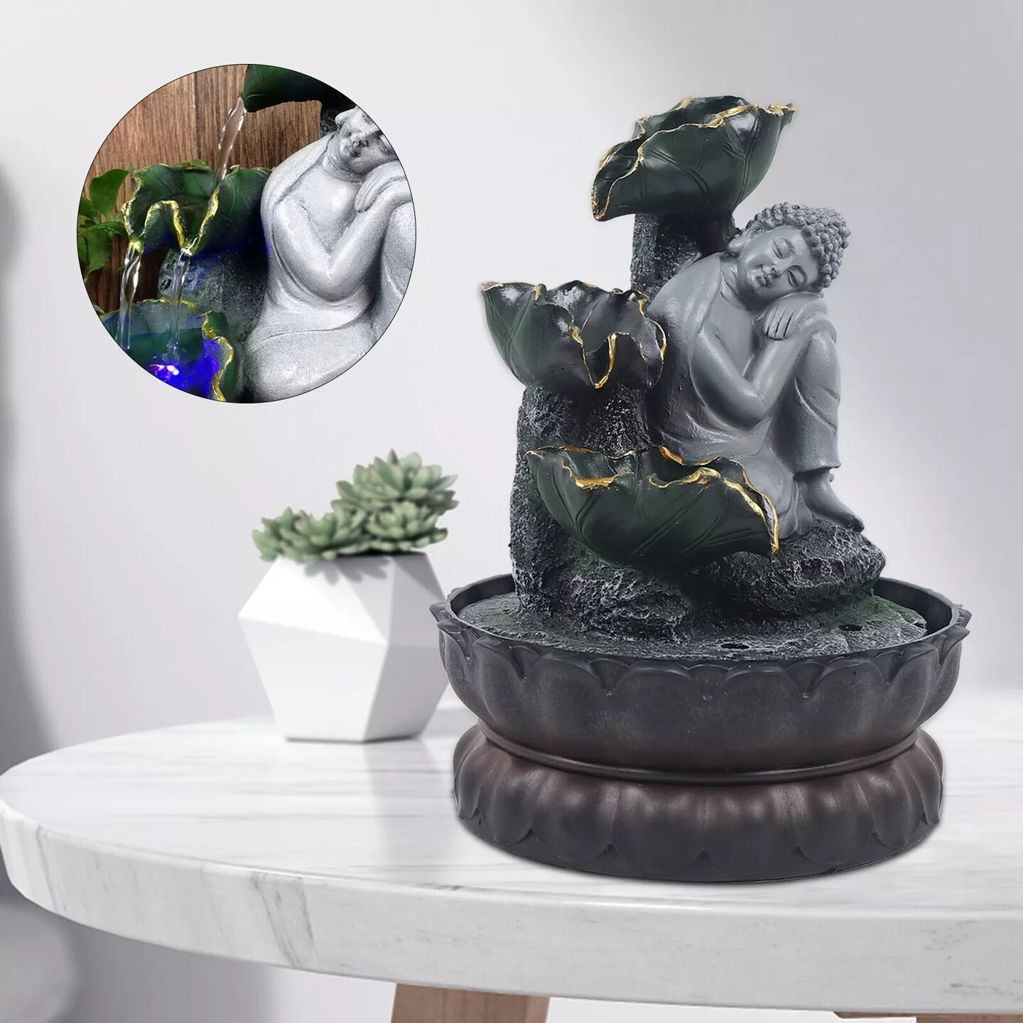 Buddhism Handmade Buddha Fountain Resin Statue with 4 Colors Lamp 110V