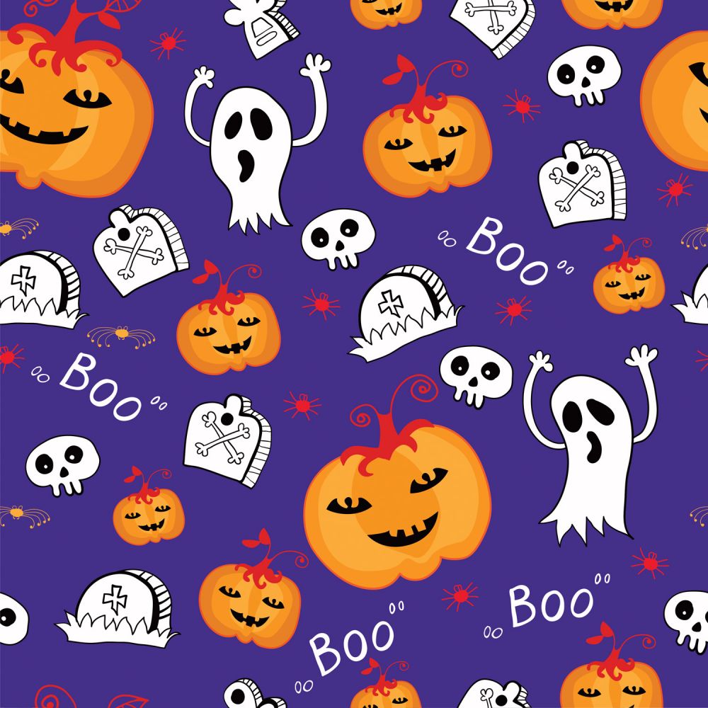 Halloween Ghosts BOO and Pumpkins on Purple 100% Cotton Fabric