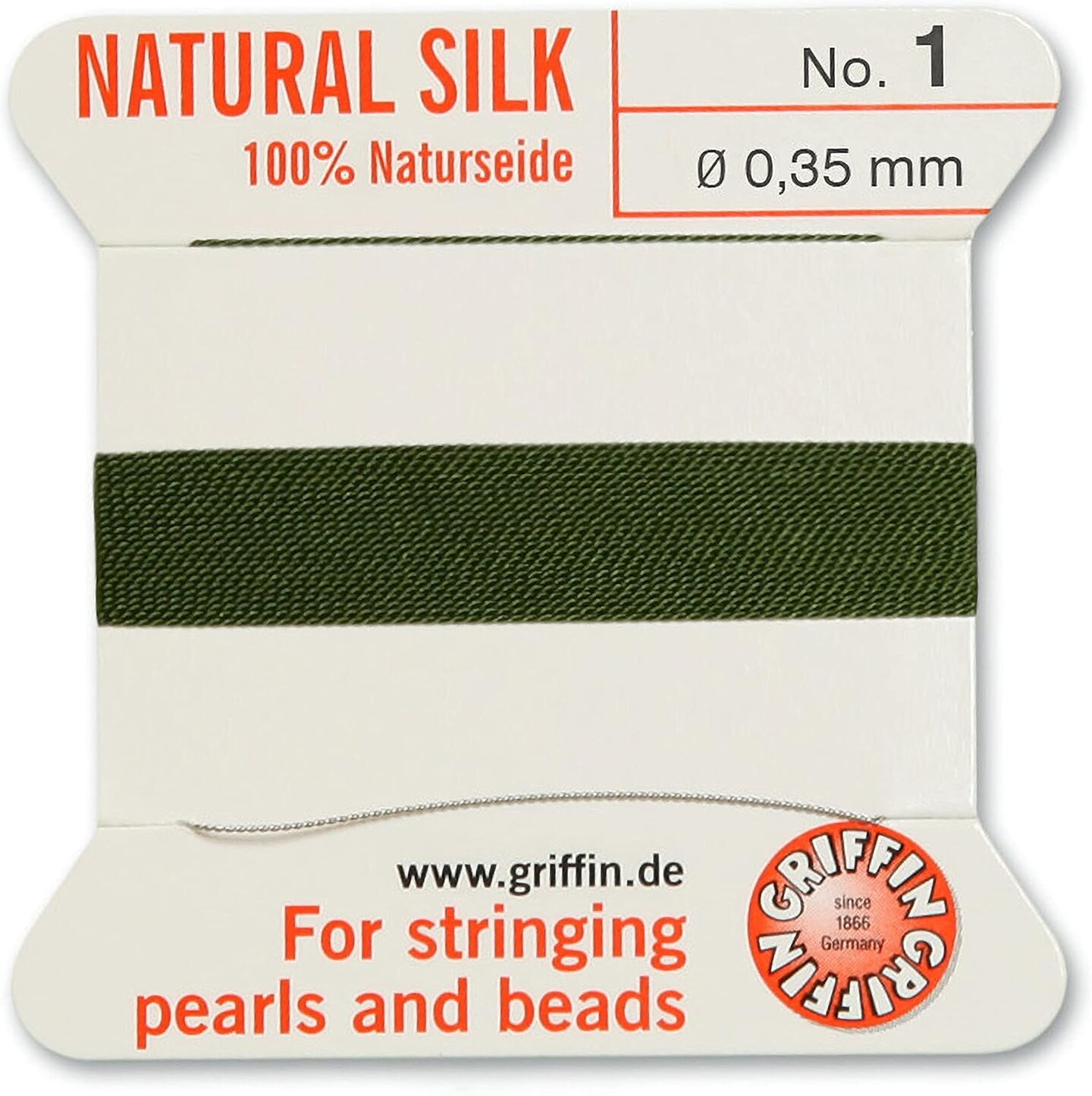 Griffin Silk Bead Cord Perlseide – Size 1 (0.35mm) – 2 Meters per Card – Stainless Steel Needle Attached – for Knotting Pearls, Gemstones, Crystals and Beads