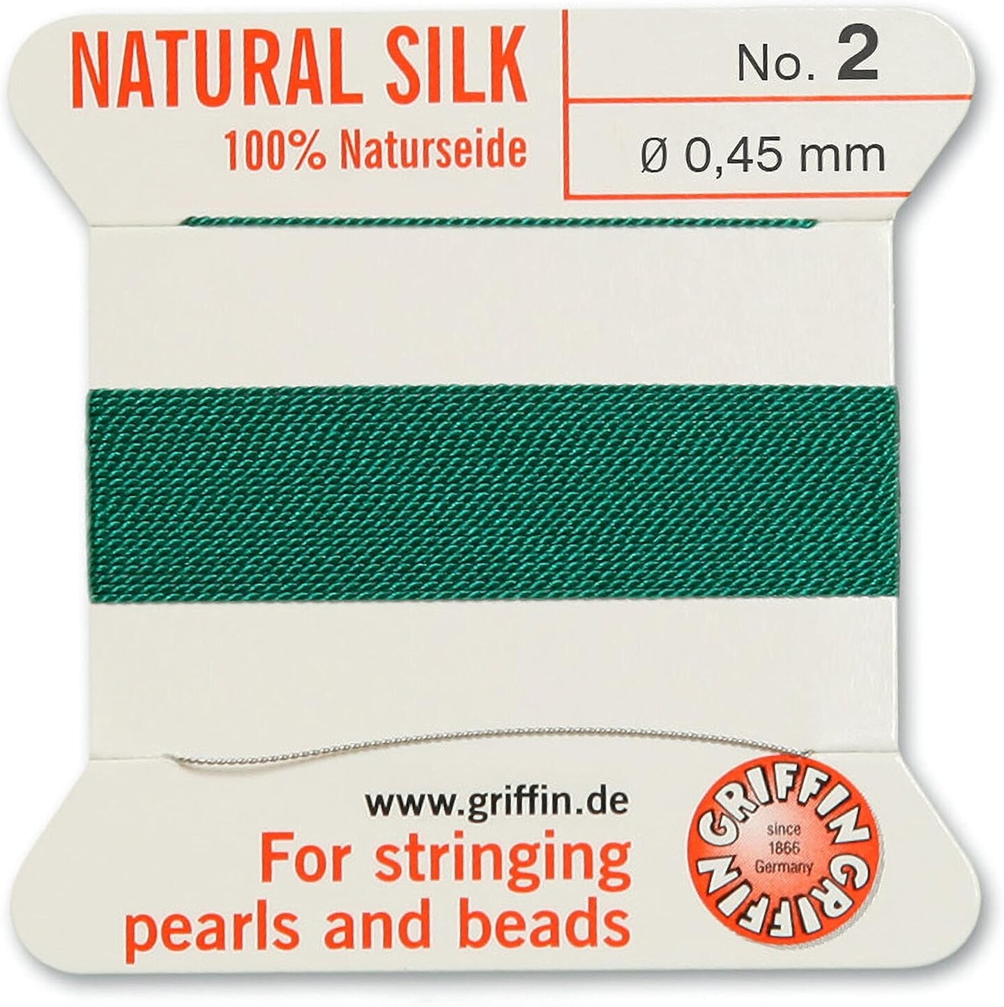 Griffin Silk Bead Cord Perlseide – Size 2 (0.45mm) – 2 Meters per Card – Stainless Steel Needle Attached – for Knotting Pearls, Gemstones, Crystals and Beads