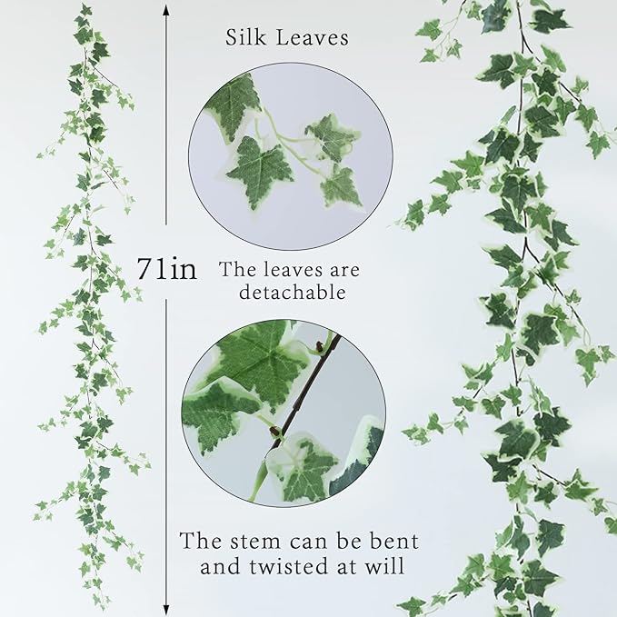 3pc Odorless Artificial Ivy Vines Kit - 17.7ft Total Silk Ivy Garland with Realistic Green Leaves - Waterproof Fake Hanging Plants for Bedroom Wall, Wedding Backdrop, Patio & Room Decor (71" per Strand)