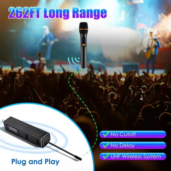 UHF Wireless Microphone Set – Rechargeable Handheld Dynamic Mics with 262FT Range for Karaoke & Events