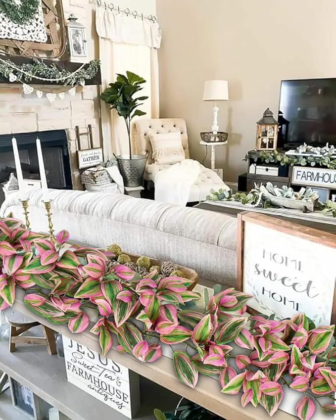 2pc 5.6FT Artificial Pink Tradescantia Zebrina Garland - Realistic Faux Wandering Jew Hanging Vines - UV Resistant Silk Greenery for Boho Wedding, Jungle Room Decor, Mantle & Staircase