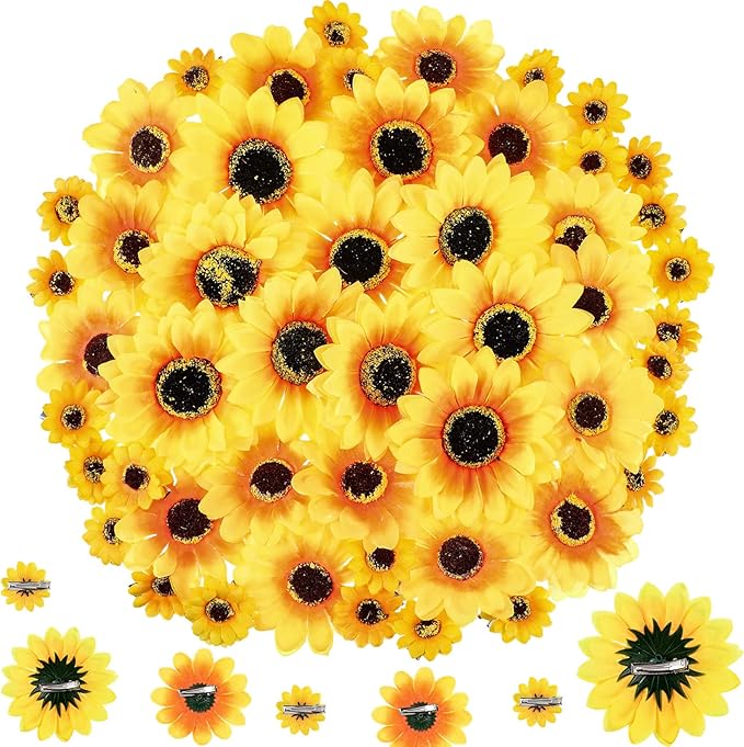 50pc Clip on Artificial Sunflower Heads - Faux Silk Yellow Flower Decor in 3 Sizes (3.8", 3", 1.6") with Metal Clips for Christmas Tree, Wedding Bouquets & DIY Crafts