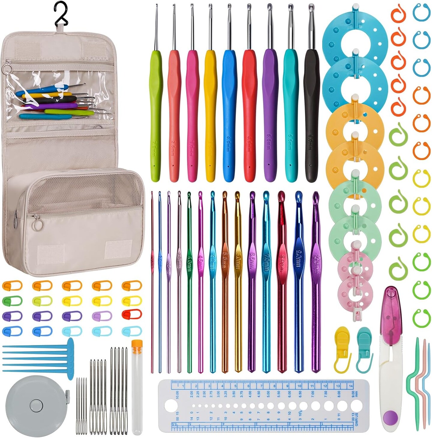 108PCS Crochet Kit for Beginners 14 Sizes Ergonomic Crochet Hooks with Storage Bag