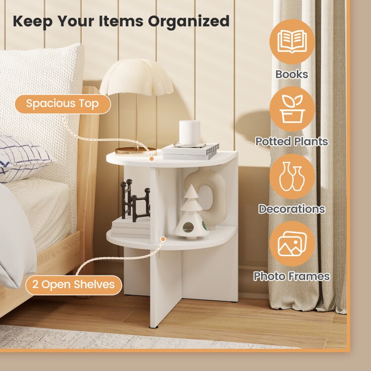 White Half-Round End Table with Open Shelves for Small Spaces