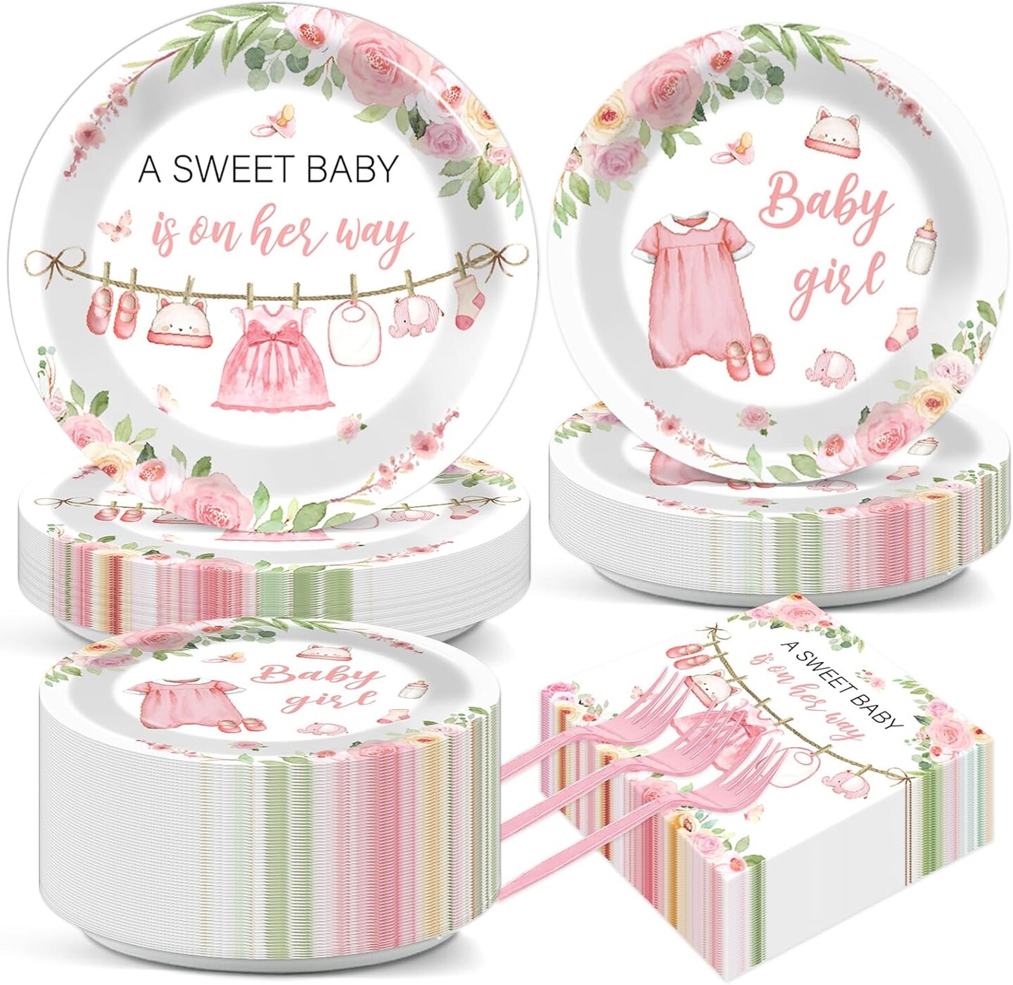 200Pcs Floral Girl Baby Shower Tableware Sets - Serves 50 (Pink) 9.06"L x 9.06"W x 0.04"Th