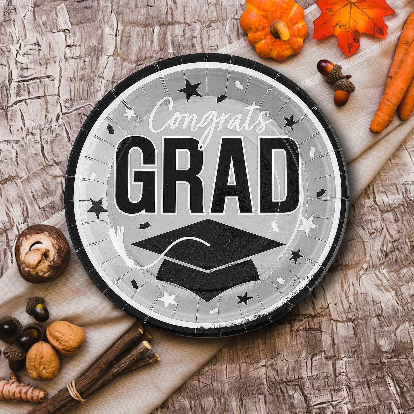 25 Count Silver Congrats Grad 9 Inch Round Plates for Elegant Graduation Party Decor