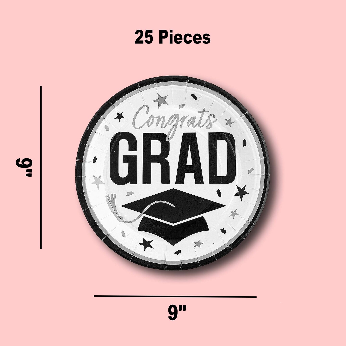 25 Count White Congrats Grad 9 Inch Paper Plates for Classic Graduation Parties