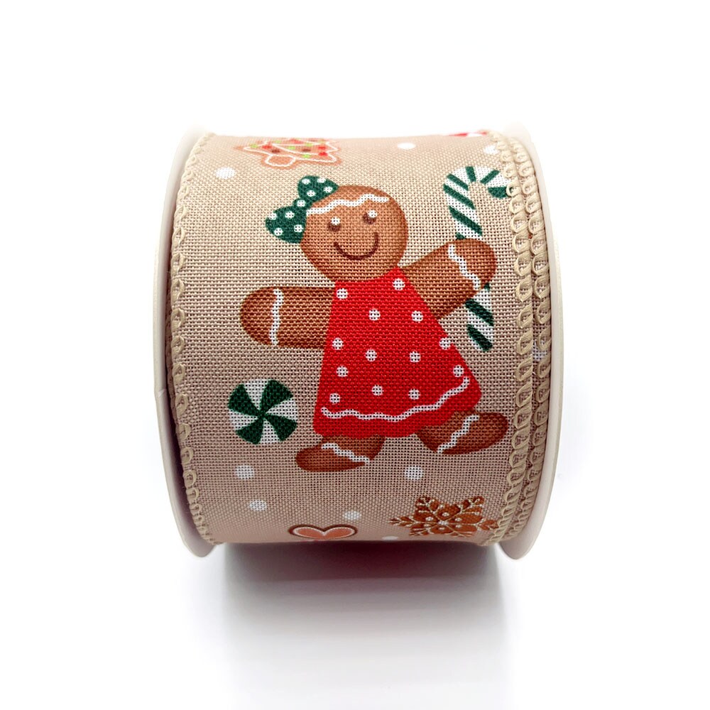 Designer&#x2019; Shop WR 63-5220 Christmas Gingerbread Wired Edge Ribbon &#x2013; 2.5&#x22; x 10 Yards &#x2013; Tan Burlap with charming Gingerbread Candy Canes &#x26; Holiday Icons
