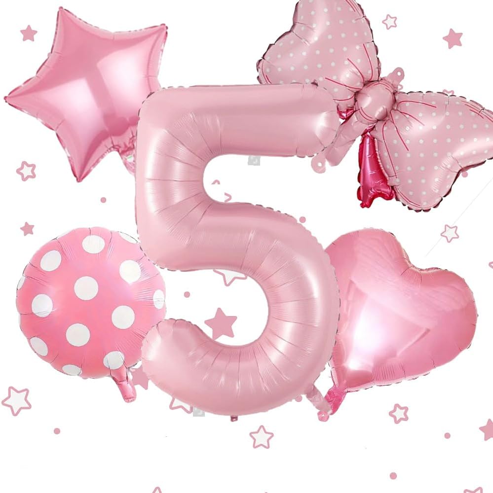 40 Inch Number 5 Balloon with Bow – Pink Jumbo Happy Birthday Balloon for Girls’ Birthday Party Decorations & Supplies