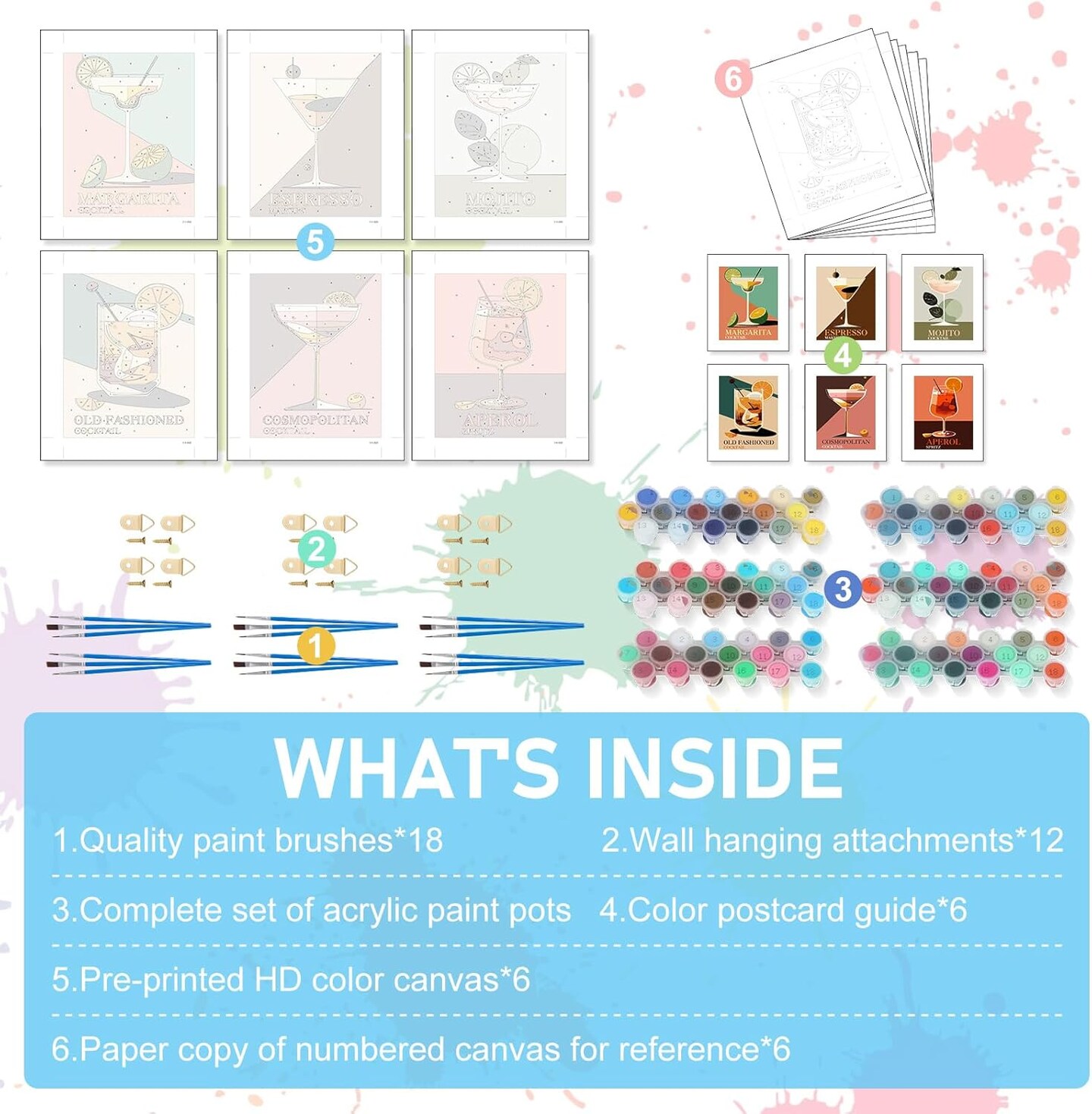 6-Pack Paint by Numbers Kit for Adults – 8"x10" Cocktail Canvas DIY Acrylic Painting Kits – Beginner-Friendly, Fun Home Decor & Gift Set (BOP6PNP01)