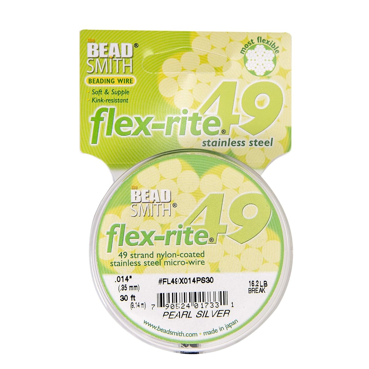 The Beadsmith Flex-Rite Beading Wire - Stainless Steel Micro Flexible Wire, 49 Strand, Pearl Silver, .014" Diameter, 30-Foot Spool, Nylon Coated
