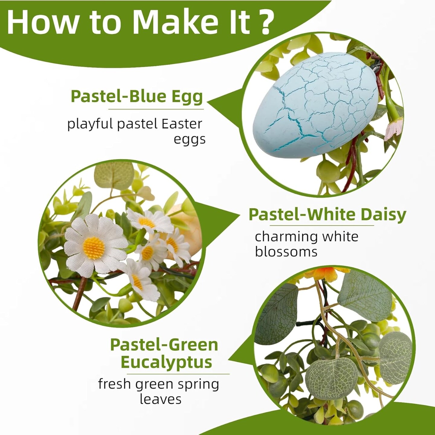 Spring Floral Garlands – 6 Ft LED Battery-Operated Egg Garland with Eucalyptus & Flowers for Mantle, Fireplace, Door, Home, and Office Decor