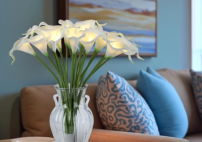 LED Lighted Artificial Flowers Calla Lily Bouquet 20 Stems Real Touch Calla Faux Flower Lights for Valentine's Day Gift and Easter Home Kitchen Wedding Dining Table Decor(White, No Vase)