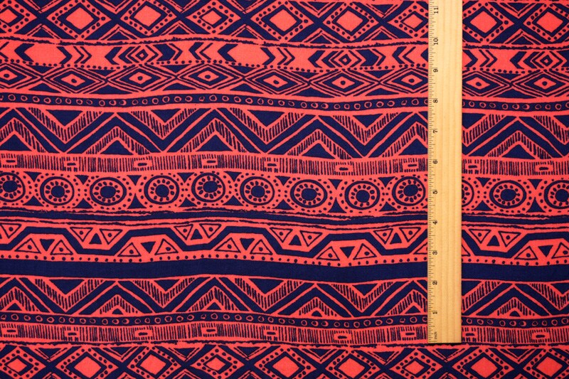 Red-Blue Rayon Aztec Printed Challis Woven Fabric By the Yard