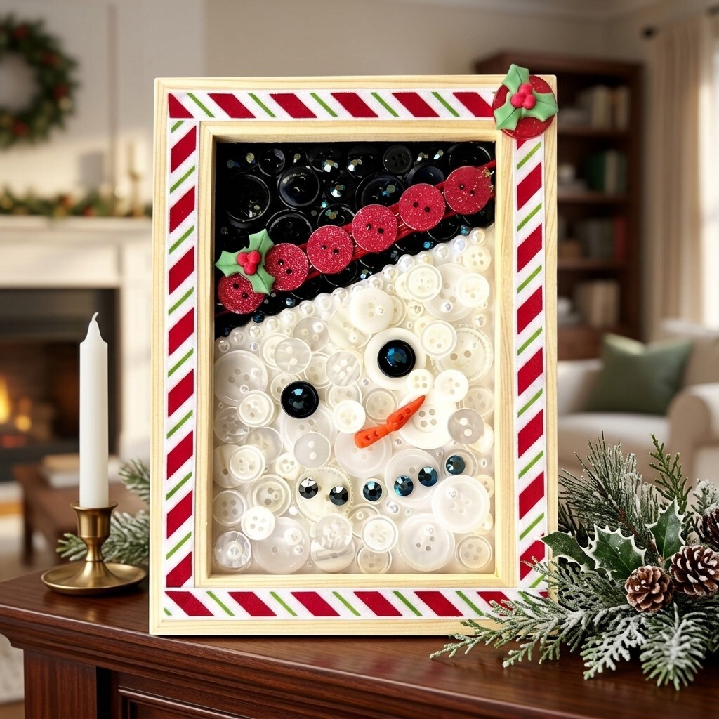 Winter Snowman DIY Button Art Frame Kit - Natural Wood, Holiday Craft Kit