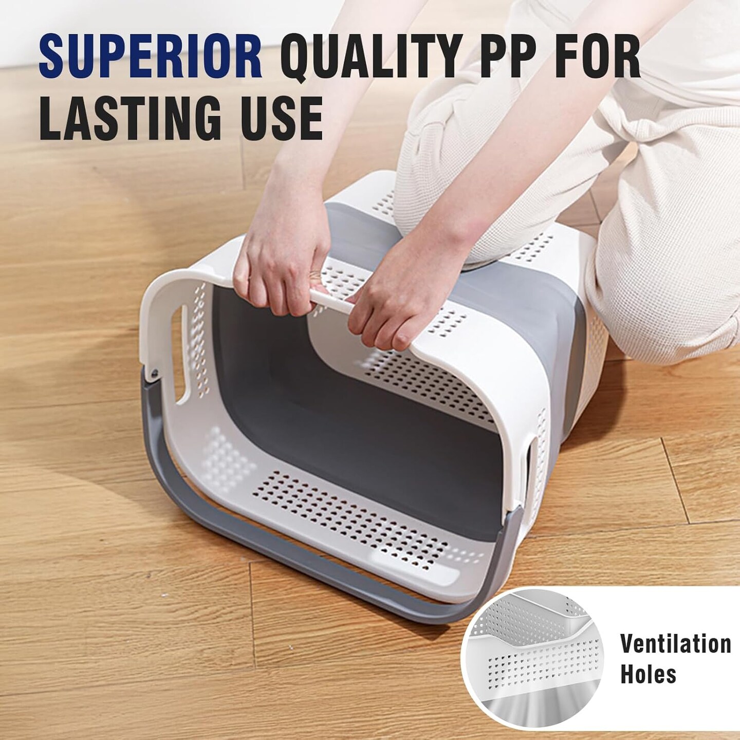 Collapsible Plastic Laundry Basket Hamper with Handles, 43L (11.5Gallon) Portable Rubber Clothes Basket, Pop Up Storage Container/Organizer